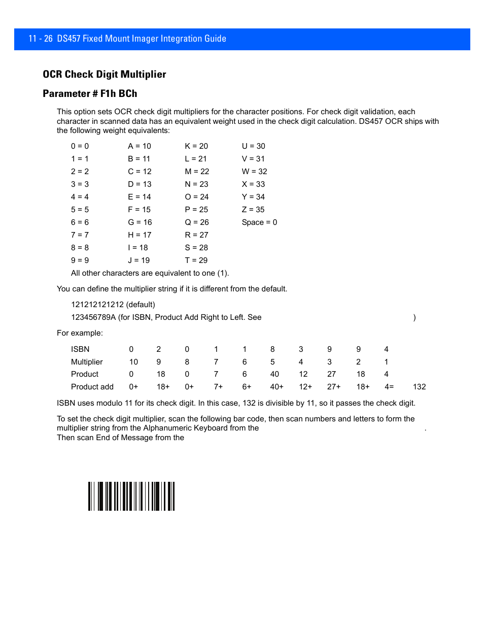 Ocr check digit multiplier, Ocr check digit multiplier -26, Ocr check digit multiplier parameter # f1h bch | Rice Lake Motorola DS457 Laser Scanner User Manual | Page 218 / 428