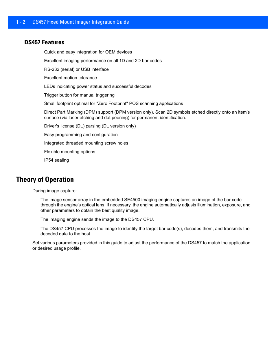 Ds457 features, Theory of operation, Ds457 features -2 | Theory of operation -2 | Rice Lake Motorola DS457 Laser Scanner User Manual | Page 22 / 428