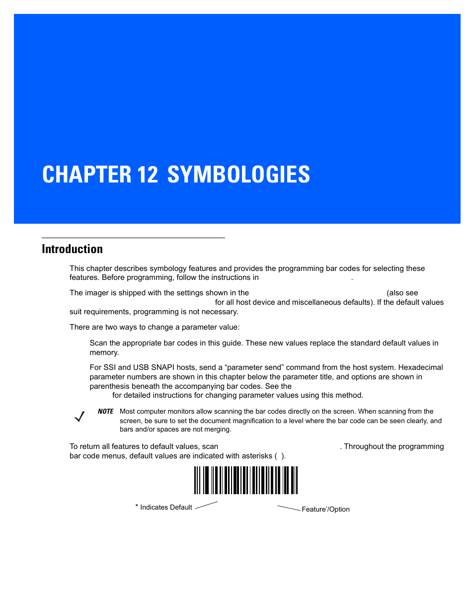 Symbologies, Introduction, Chapter 12: symbologies | Introduction -1, Chapter 12, symbologies, Chapter 12, Chapter 12 symbologies | Rice Lake Motorola DS457 Laser Scanner User Manual | Page 223 / 428