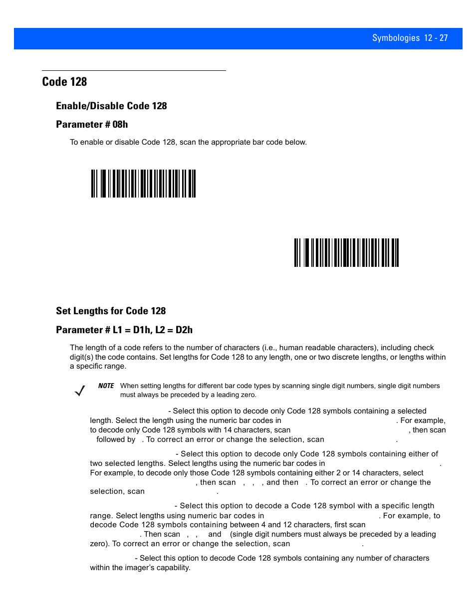 Code 128, Enable/disable code 128, Set lengths for code 128 | Code 128 -27, Enable/disable code 128 -27, Set lengths for code 128 -27 | Rice Lake Motorola DS457 Laser Scanner User Manual | Page 249 / 428