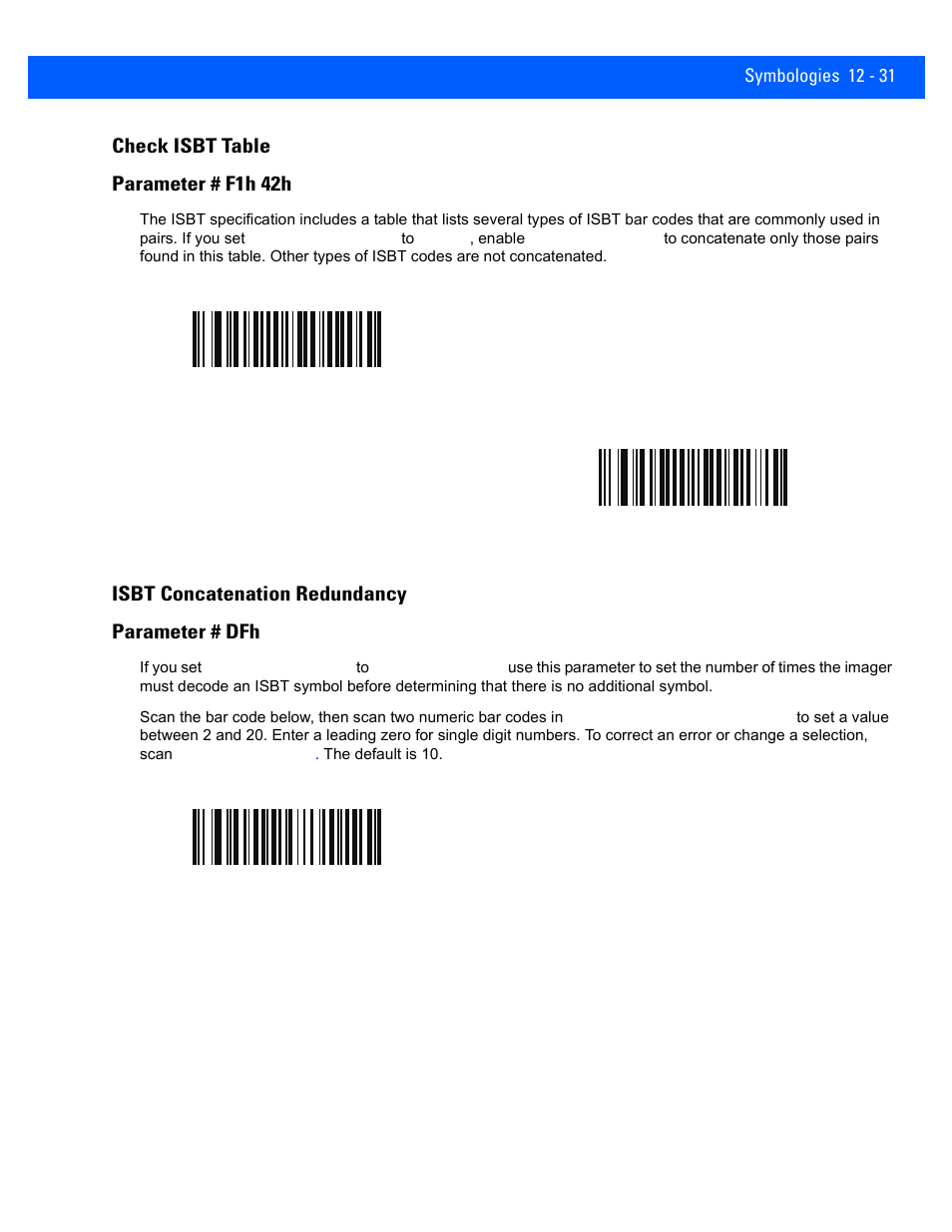 Check isbt table, Isbt concatenation redundancy, Check isbt table -31 | Isbt concatenation redundancy -31, Check isbt table parameter # f1h 42h, Isbt concatenation redundancy parameter # dfh | Rice Lake Motorola DS457 Laser Scanner User Manual | Page 253 / 428