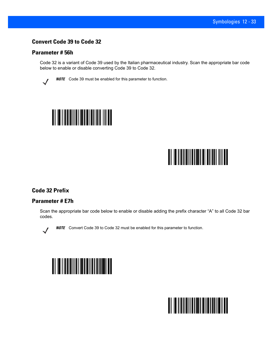 Convert code 39 to code 32, Code 32 prefix, Convert code 39 to code 32 -33 | Code 32 prefix -33, Code 32 prefix parameter # e7h | Rice Lake Motorola DS457 Laser Scanner User Manual | Page 255 / 428