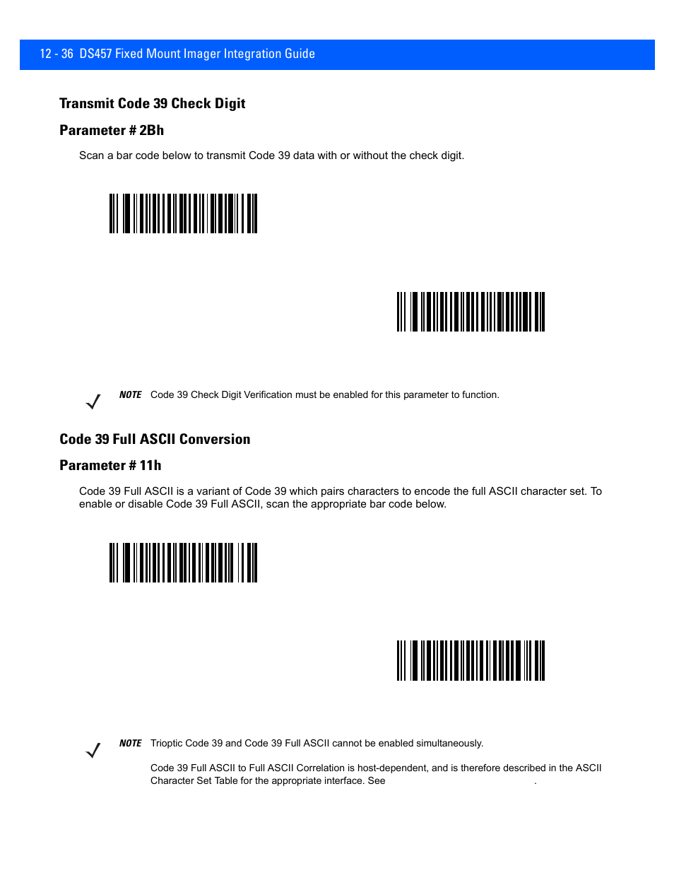 Transmit code 39 check digit, Code 39 full ascii conversion, Transmit code 39 check digit -36 | Code 39 full ascii conversion -36, Transmit code 39 check digit parameter # 2bh, Code 39 full ascii conversion parameter # 11h | Rice Lake Motorola DS457 Laser Scanner User Manual | Page 258 / 428