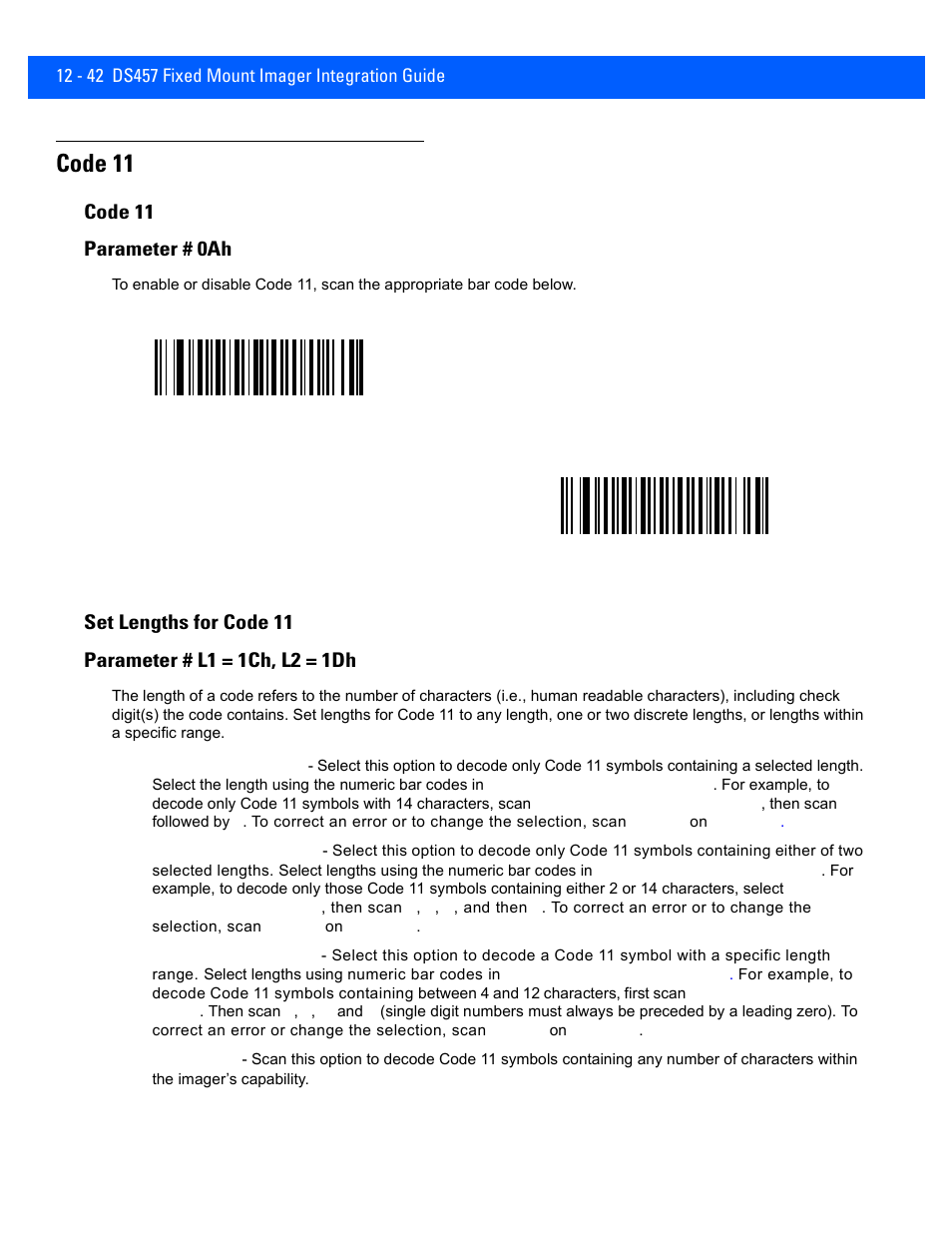 Code 11, Set lengths for code 11, Code 11 -42 | Set lengths for code 11 -42, Code 11 parameter # 0ah | Rice Lake Motorola DS457 Laser Scanner User Manual | Page 264 / 428