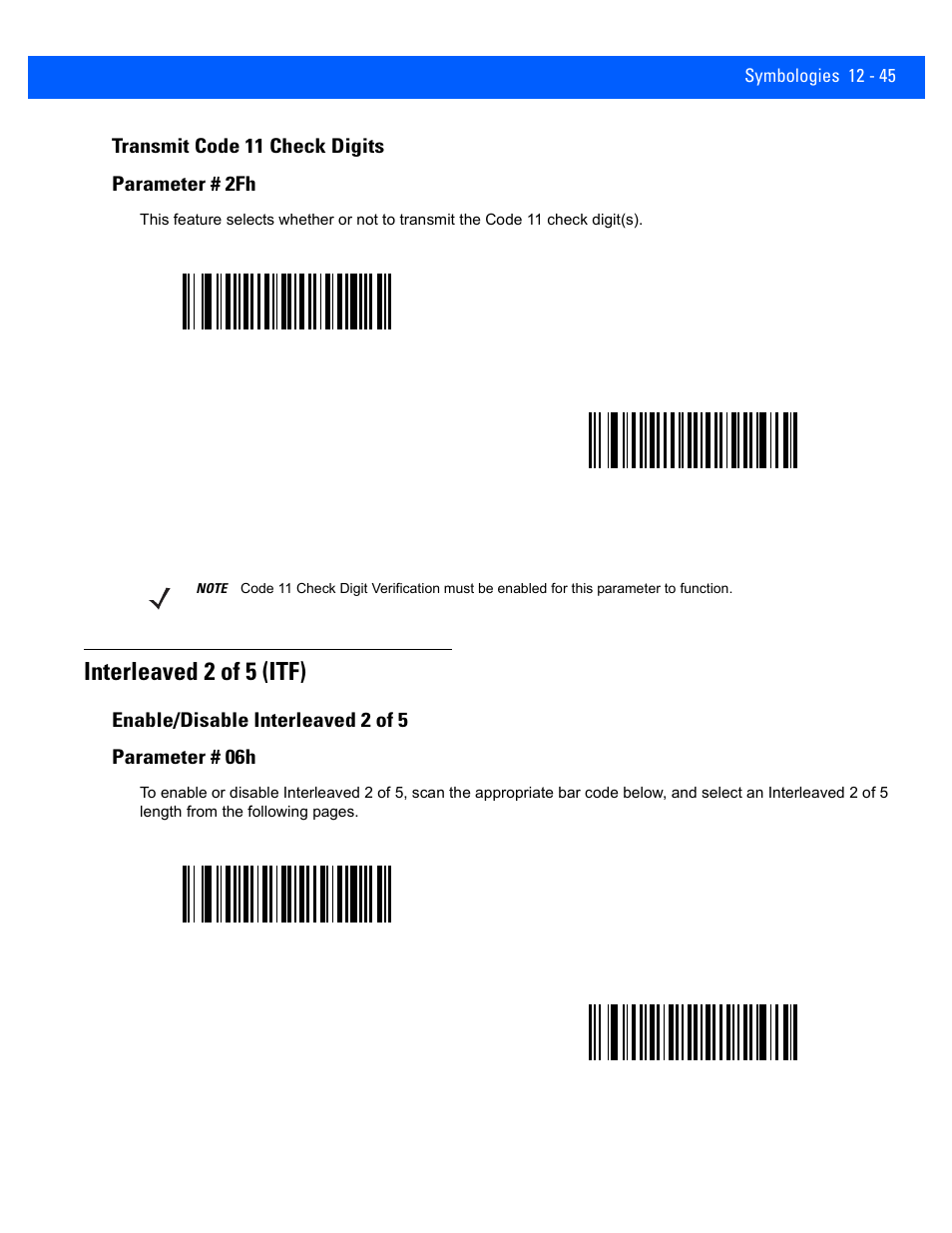 Transmit code 11 check digits, Interleaved 2 of 5 (itf), Enable/disable interleaved 2 of 5 | Transmit code 11 check digits -45, Interleaved 2 of 5 (itf) -45, Enable/disable interleaved 2 of 5 -45 | Rice Lake Motorola DS457 Laser Scanner User Manual | Page 267 / 428