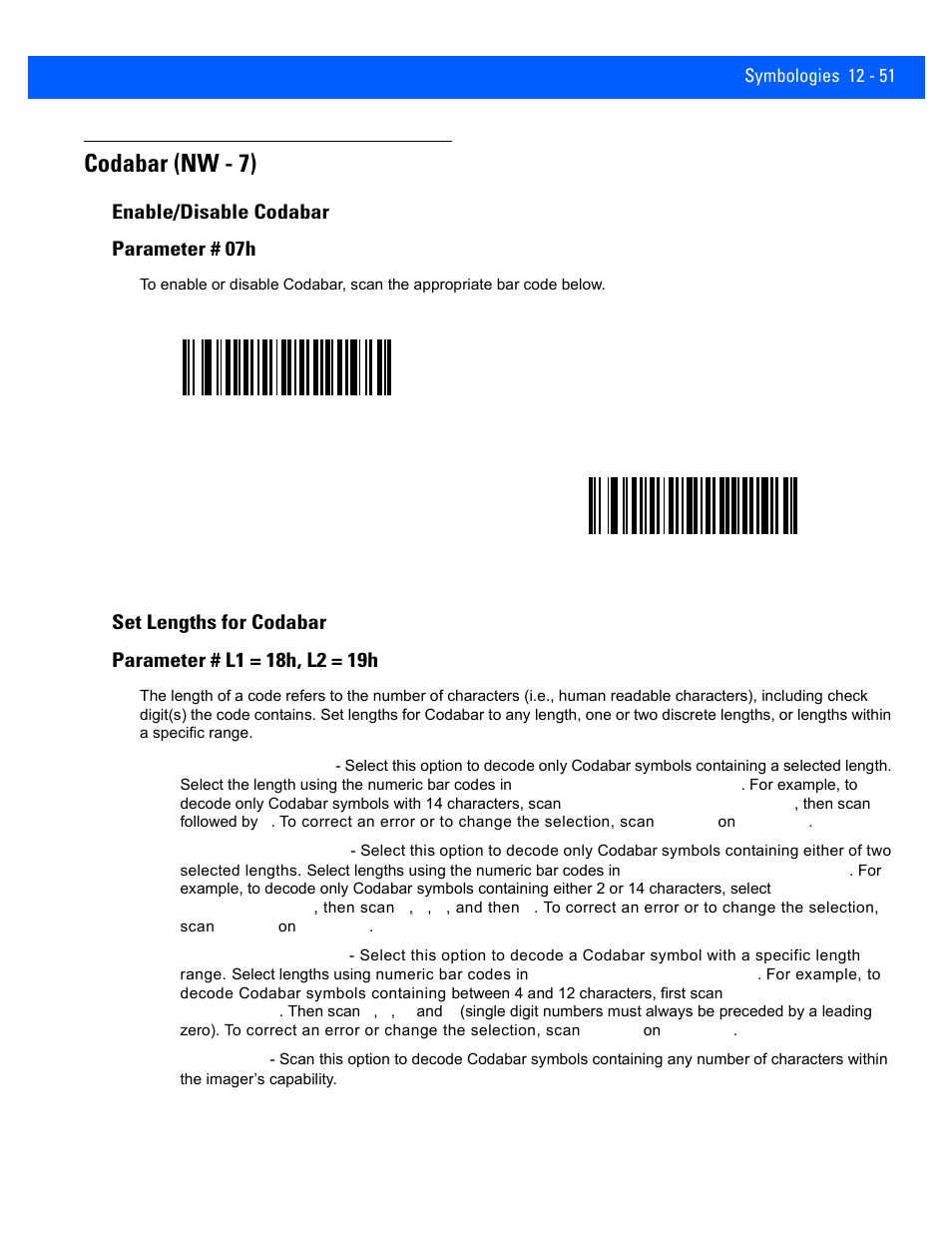 Codabar (nw - 7), Enable/disable codabar, Set lengths for codabar | Codabar (nw - 7) -51, Enable/disable codabar -51, Set lengths for codabar -51, Enable/disable codabar parameter # 07h | Rice Lake Motorola DS457 Laser Scanner User Manual | Page 273 / 428