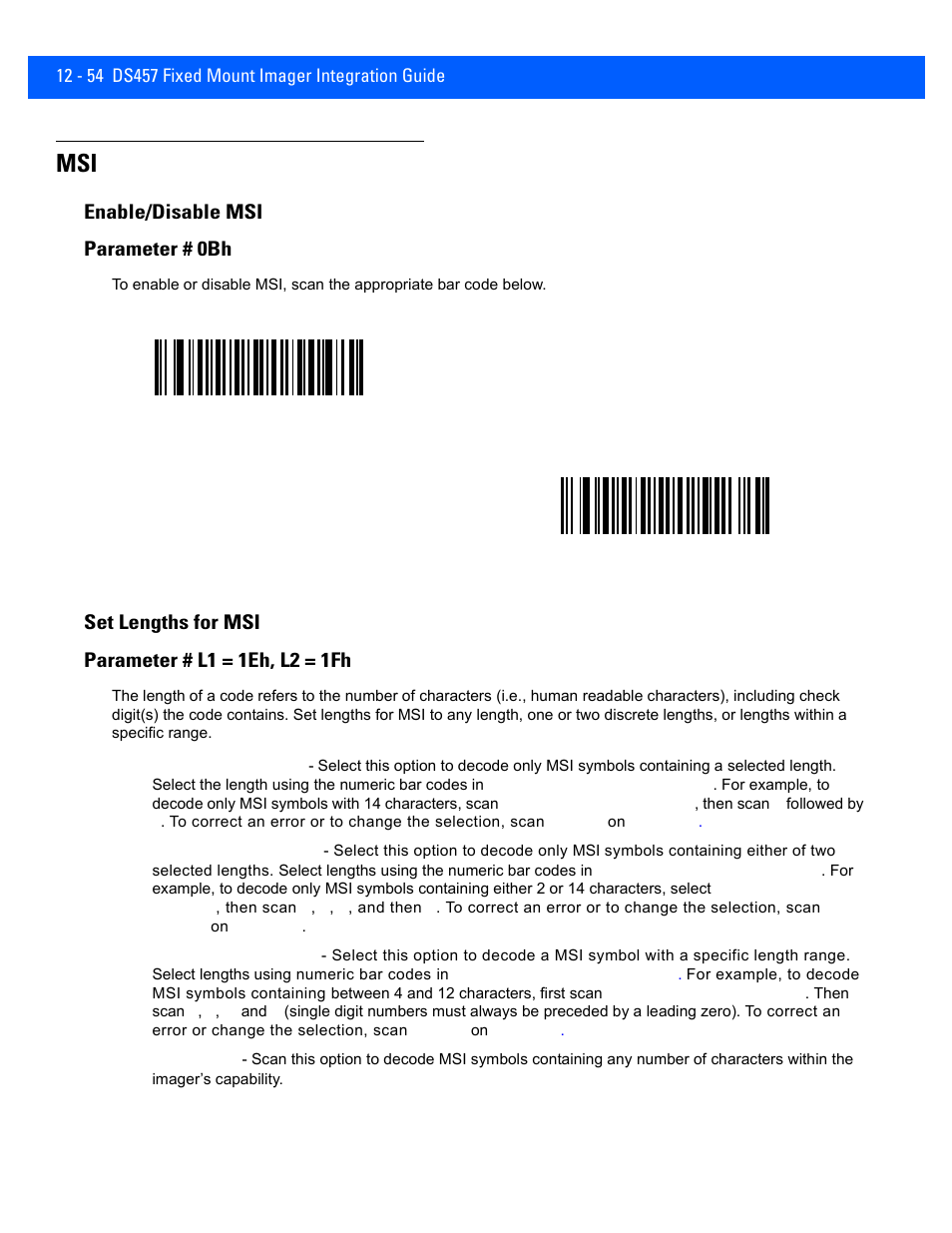 Enable/disable msi, Set lengths for msi, Msi -54 | Enable/disable msi -54, Set lengths for msi -54, Enable/disable msi parameter # 0bh, Set lengths for msi parameter # l1 = 1eh, l2 = 1fh | Rice Lake Motorola DS457 Laser Scanner User Manual | Page 276 / 428