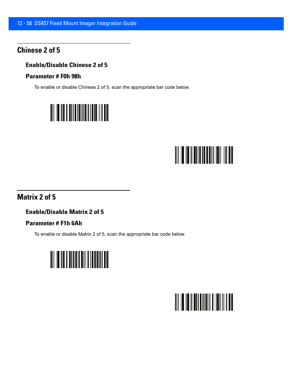 Chinese 2 of 5, Enable/disable chinese 2 of 5, Matrix 2 of 5 | Enable/disable matrix 2 of 5, Chinese 2 of 5 -58, Enable/disable chinese 2 of 5 -58, Matrix 2 of 5 -58, Enable/disable matrix 2 of 5 -58 | Rice Lake Motorola DS457 Laser Scanner User Manual | Page 280 / 428