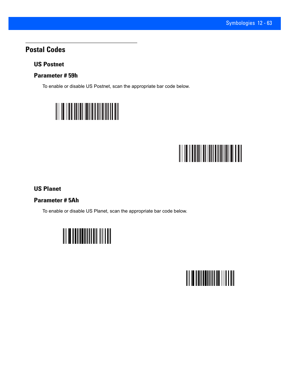 Postal codes, Us postnet, Us planet | Postal codes -63, Us postnet -63, Us planet -63 | Rice Lake Motorola DS457 Laser Scanner User Manual | Page 285 / 428