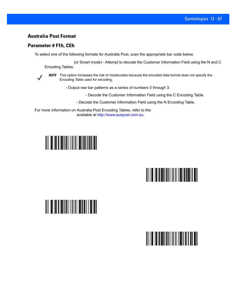 Australia post format, Australia post format -67, Australia post format parameter # f1h, ceh | Rice Lake Motorola DS457 Laser Scanner User Manual | Page 289 / 428