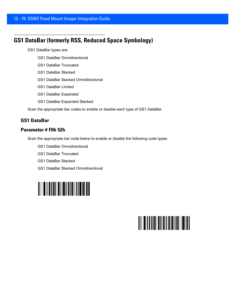 Gs1 databar, Gs1 databar -70, Gs1 databar parameter # f0h 52h | Rice Lake Motorola DS457 Laser Scanner User Manual | Page 292 / 428