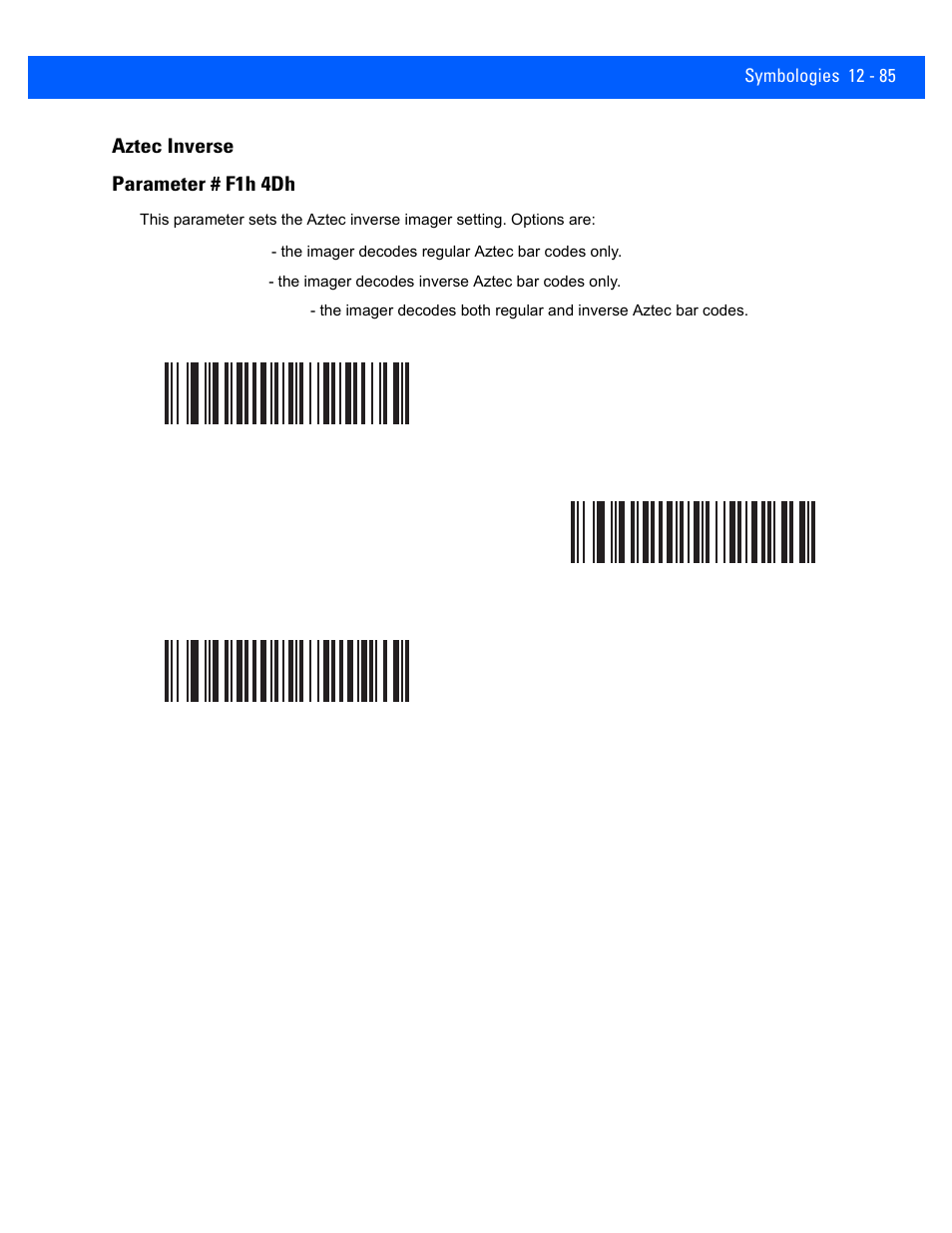 Aztec inverse, Aztec inverse -85, Aztec inverse parameter # f1h 4dh | Rice Lake Motorola DS457 Laser Scanner User Manual | Page 307 / 428