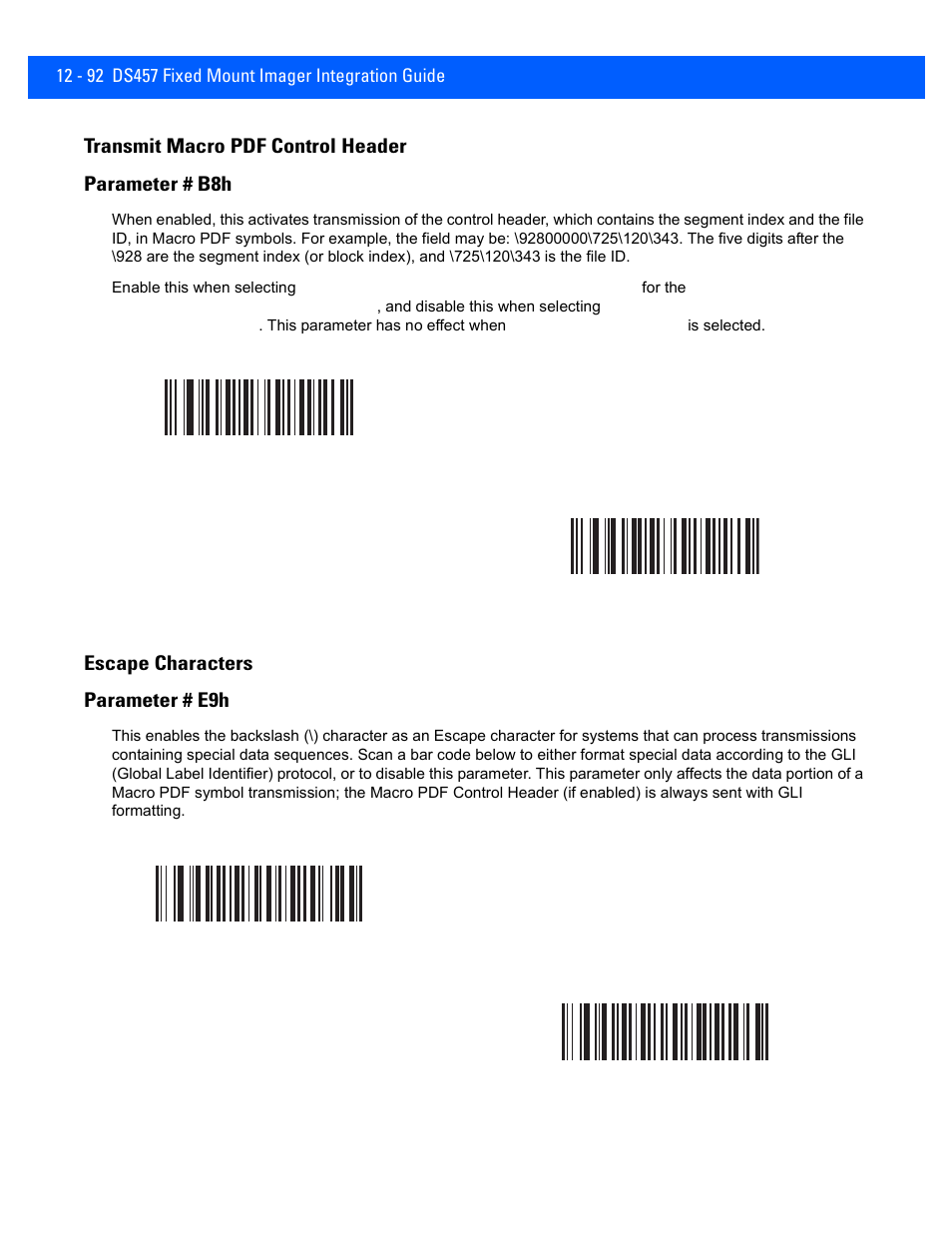 Transmit macro pdf control header, Escape characters, Transmit macro pdf control header -92 | Escape characters -92, Transmit macro pdf control header parameter # b8h, Escape characters parameter # e9h | Rice Lake Motorola DS457 Laser Scanner User Manual | Page 314 / 428