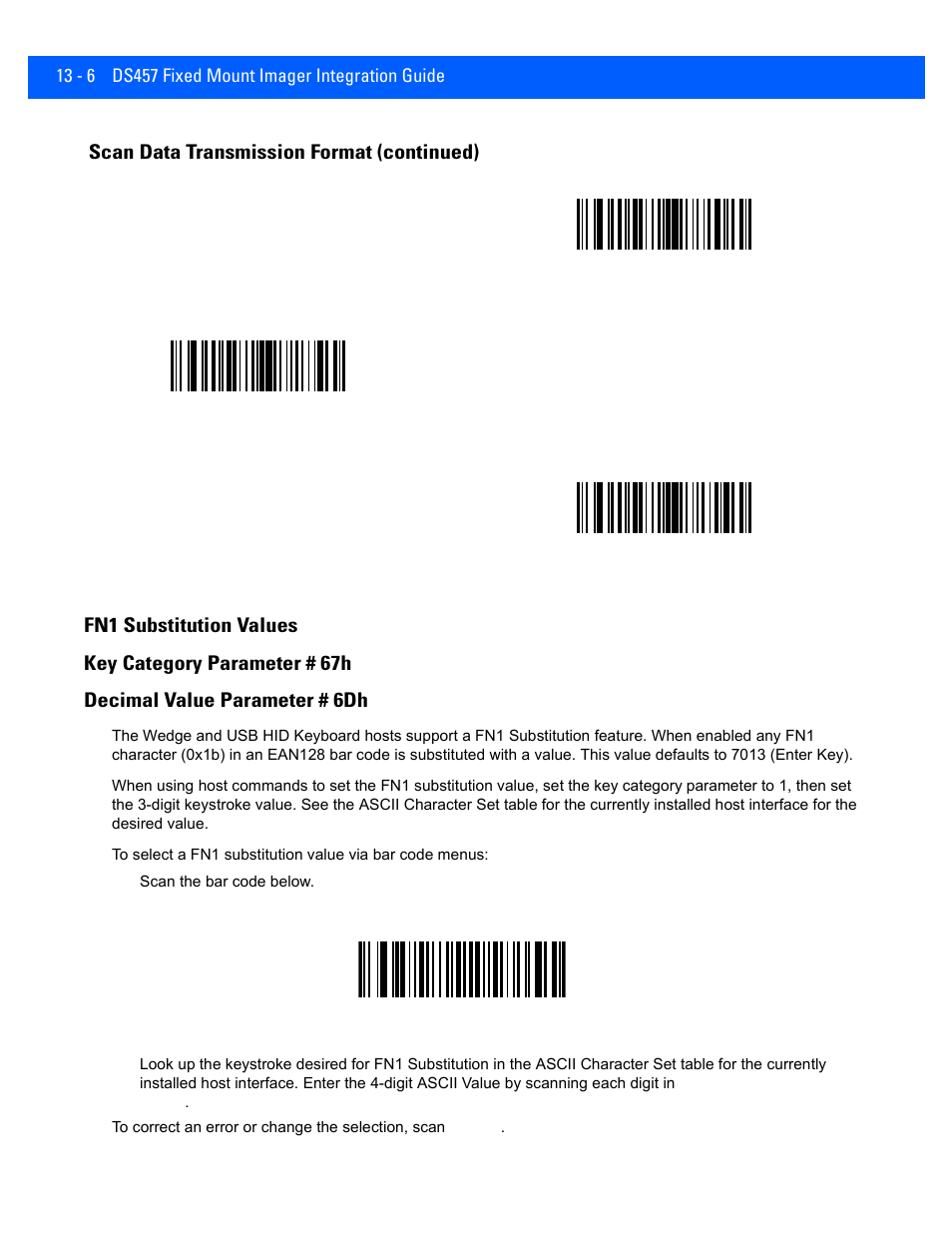 Fn1 substitution values, Fn1 substitution values -6, Scan data transmission format (continued) | Rice Lake Motorola DS457 Laser Scanner User Manual | Page 322 / 428