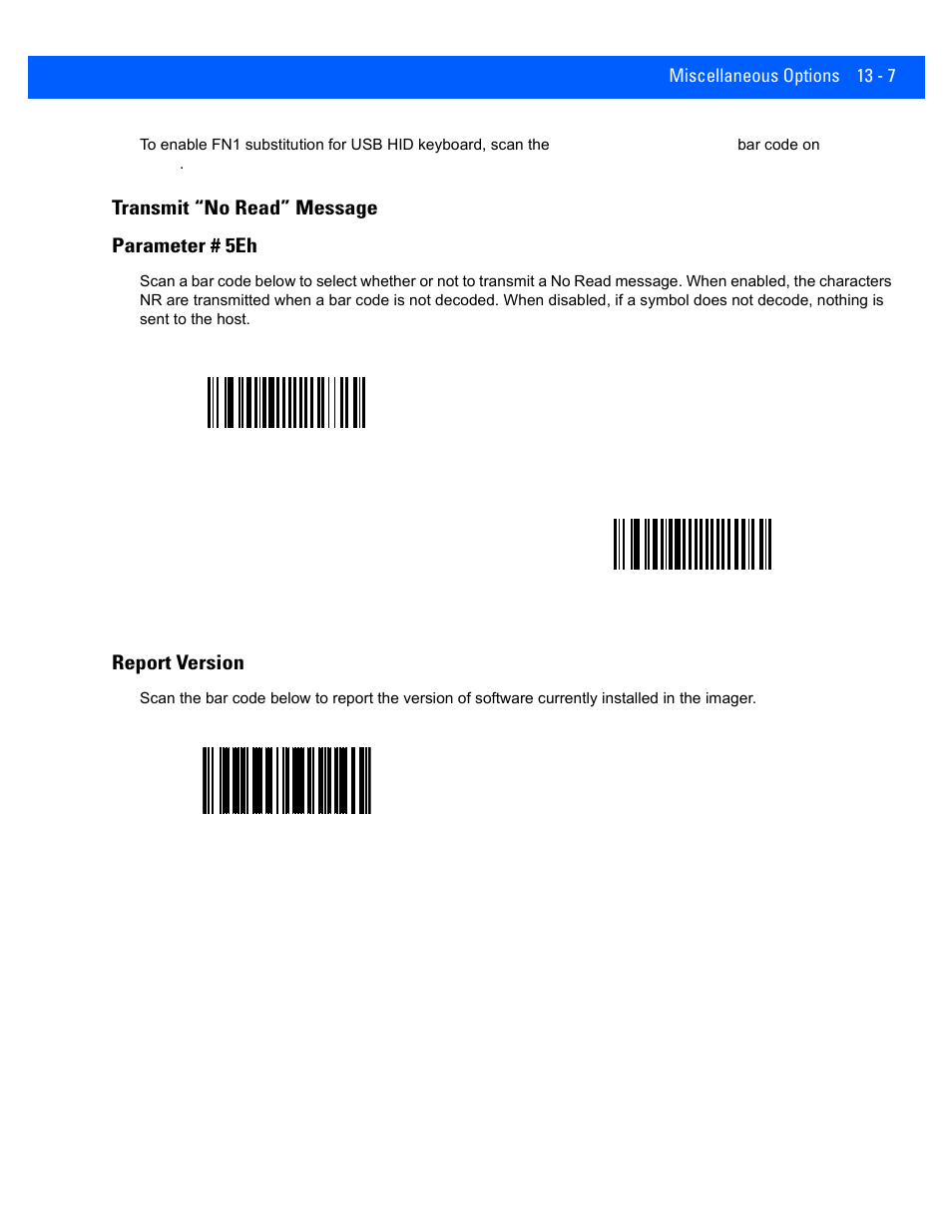 Transmit “no read” message, Report version, Transmit “no read” message -7 | Report version -7, Transmit “no read” message parameter # 5eh | Rice Lake Motorola DS457 Laser Scanner User Manual | Page 323 / 428