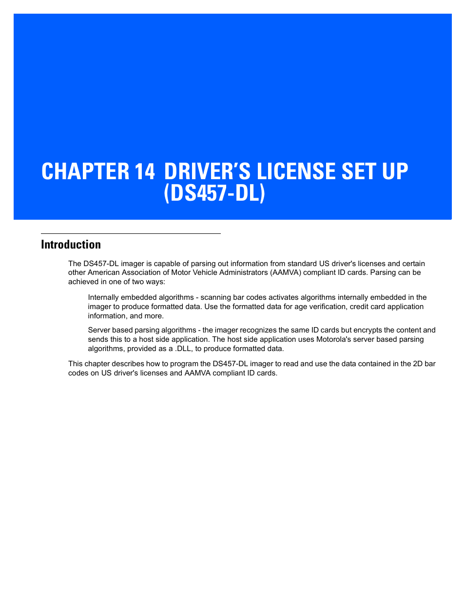 Driver’s license set up (ds457-dl), Introduction, Chapter 14: driver’s license set up (ds457-dl) | Introduction -1, Chapter 14, driver’s license set up (ds457-dl) | Rice Lake Motorola DS457 Laser Scanner User Manual | Page 325 / 428