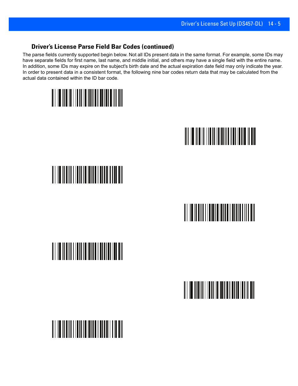 Driver’s license parse field bar codes (continued) | Rice Lake Motorola DS457 Laser Scanner User Manual | Page 329 / 428