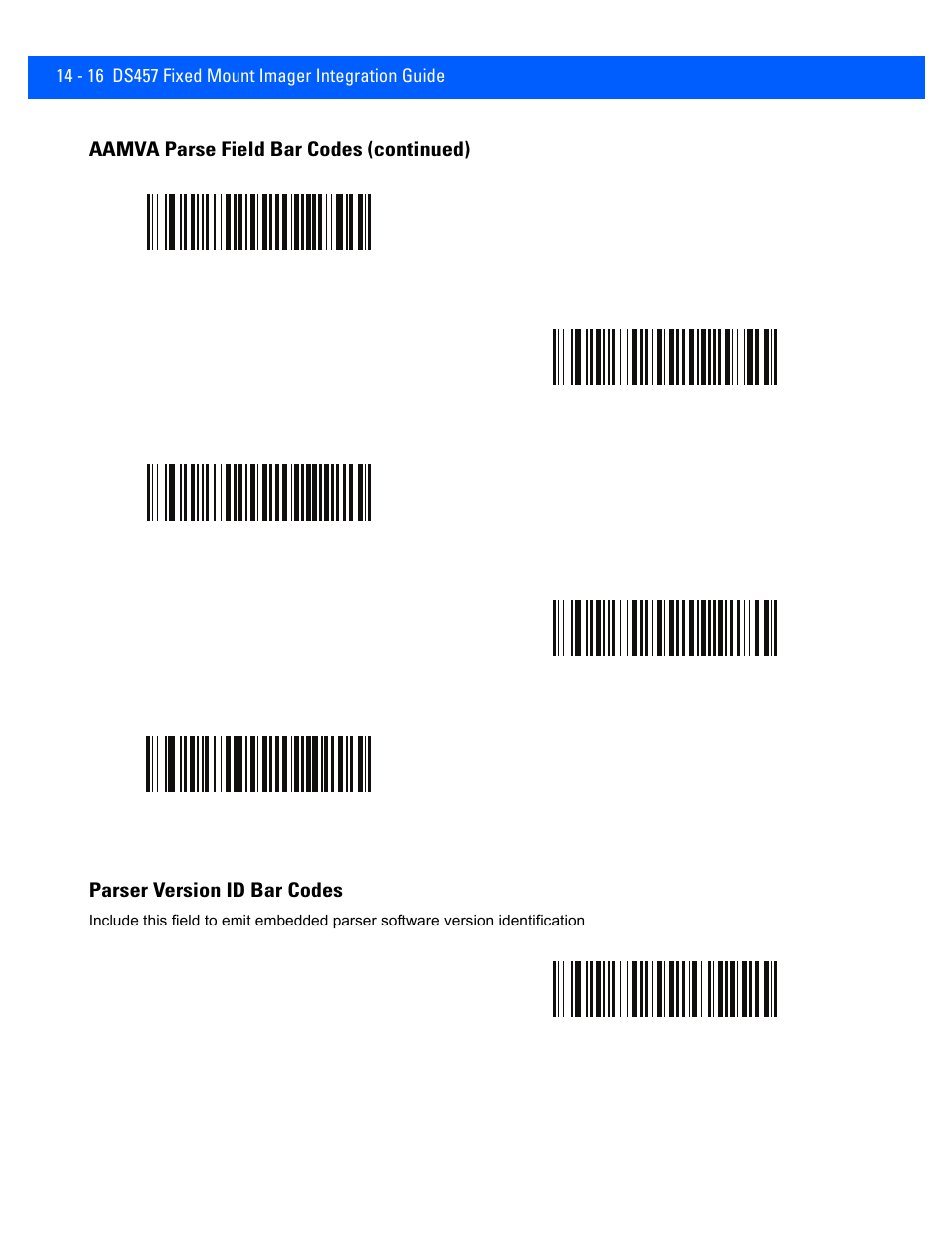 Aamva parse field bar codes (continued), Parser version id bar codes | Rice Lake Motorola DS457 Laser Scanner User Manual | Page 340 / 428