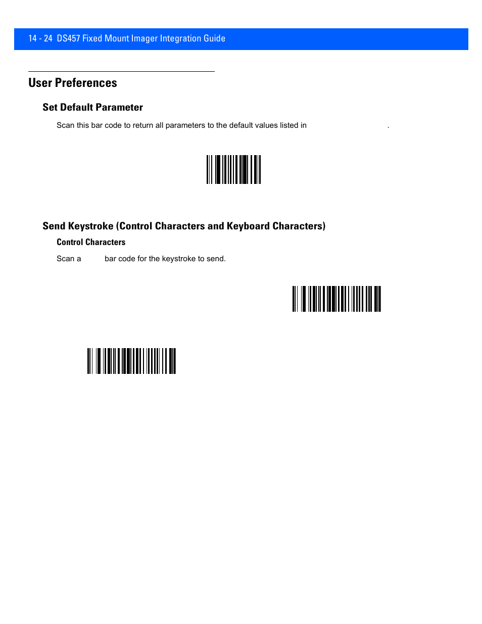 User preferences, Set default parameter, User preferences -24 | Set default parameter -24, Send keystroke (control characters and | Rice Lake Motorola DS457 Laser Scanner User Manual | Page 348 / 428