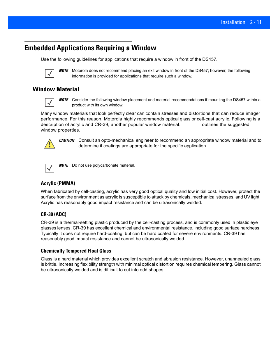 Embedded applications requiring a window, Window material, Embedded applications requiring a window -11 | Window material -11 | Rice Lake Motorola DS457 Laser Scanner User Manual | Page 35 / 428