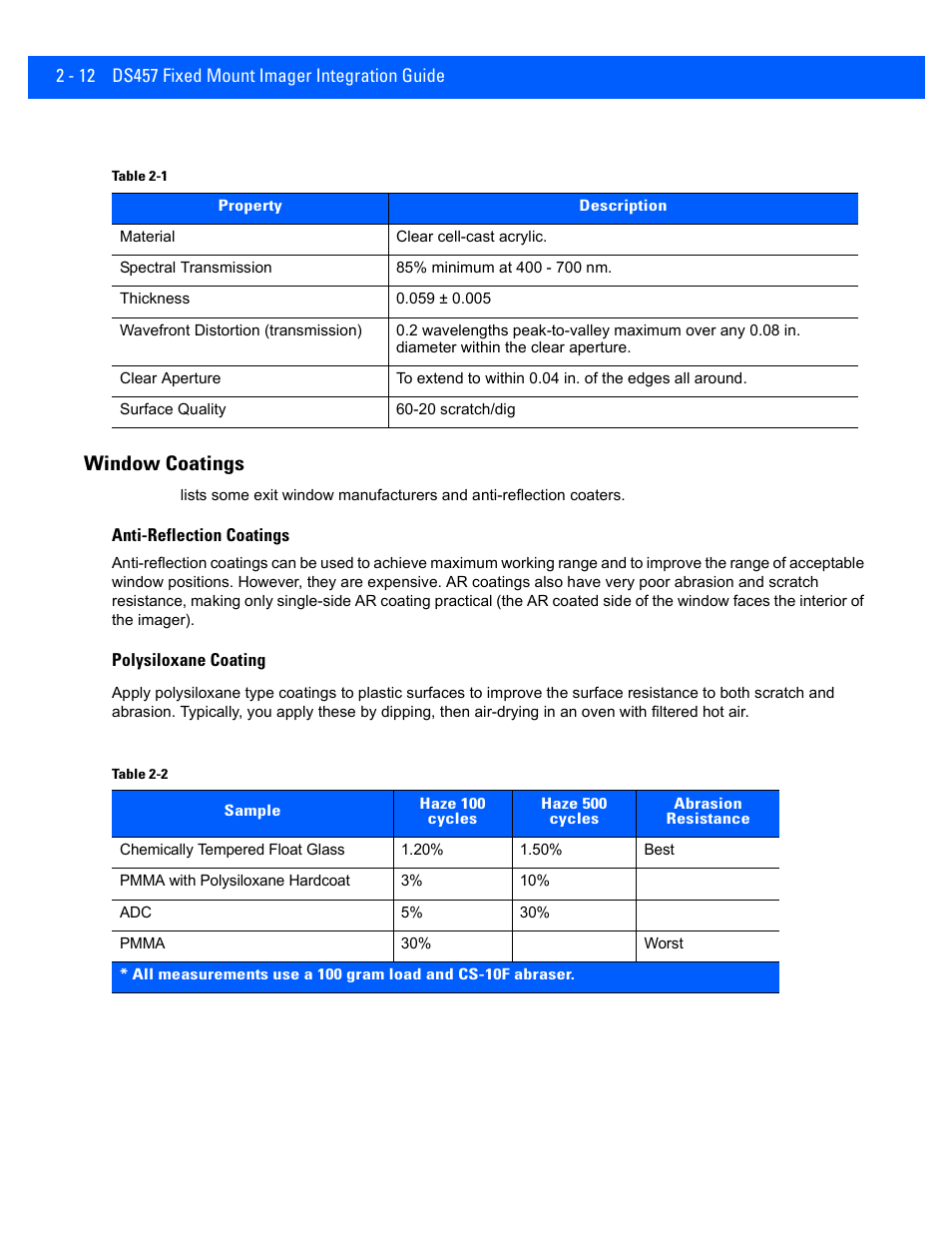 Window coatings, Window coatings -12 | Rice Lake Motorola DS457 Laser Scanner User Manual | Page 36 / 428