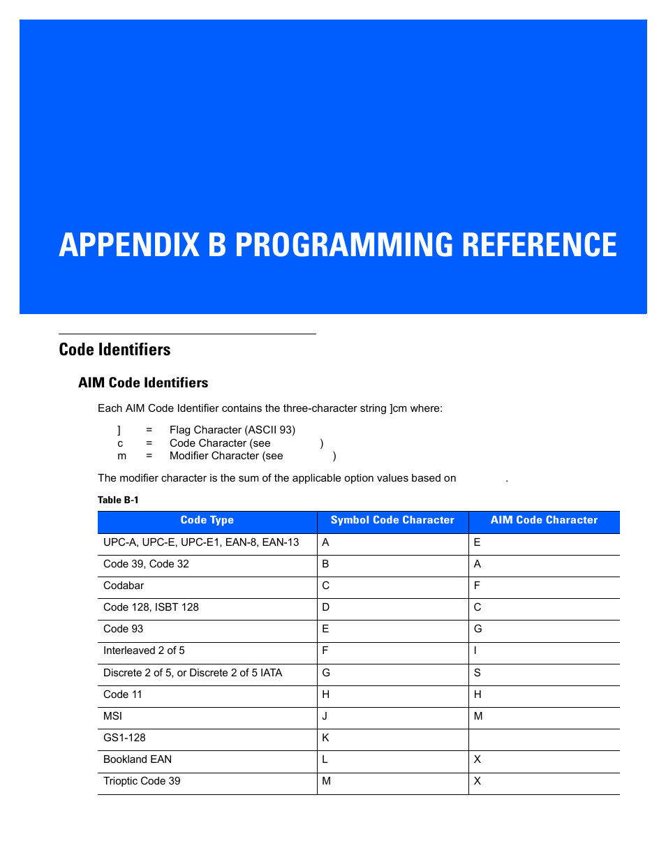 Programming reference, Code identifiers, Aim code identifiers | Appendix b: programming reference, Appendix b, programming reference, Appendix b programming reference | Rice Lake Motorola DS457 Laser Scanner User Manual | Page 385 / 428