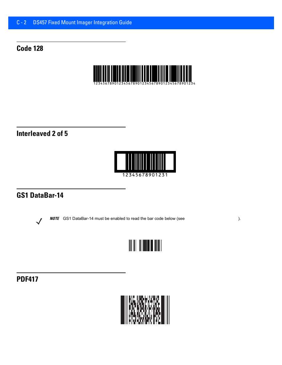 Code 128, Interleaved 2 of 5, Gs1 databar-14 | Pdf417 | Rice Lake Motorola DS457 Laser Scanner User Manual | Page 392 / 428