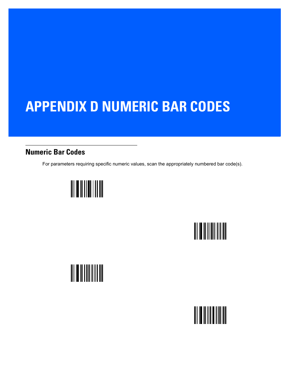 Numeric bar codes, Appendix d: numeric bar codes, Appendix d, numeric bar codes | Appendix, D, numeric bar codes, Appendix d, numeric, Bar codes, Appendix d, Appendix d numeric bar codes | Rice Lake Motorola DS457 Laser Scanner User Manual | Page 395 / 428