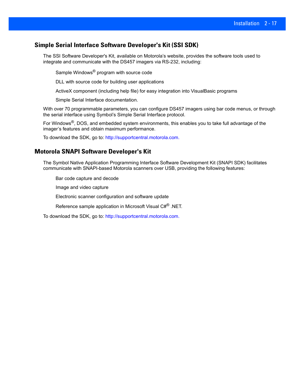 Motorola snapi software developer's kit, Motorola snapi software developer's kit -17 | Rice Lake Motorola DS457 Laser Scanner User Manual | Page 41 / 428