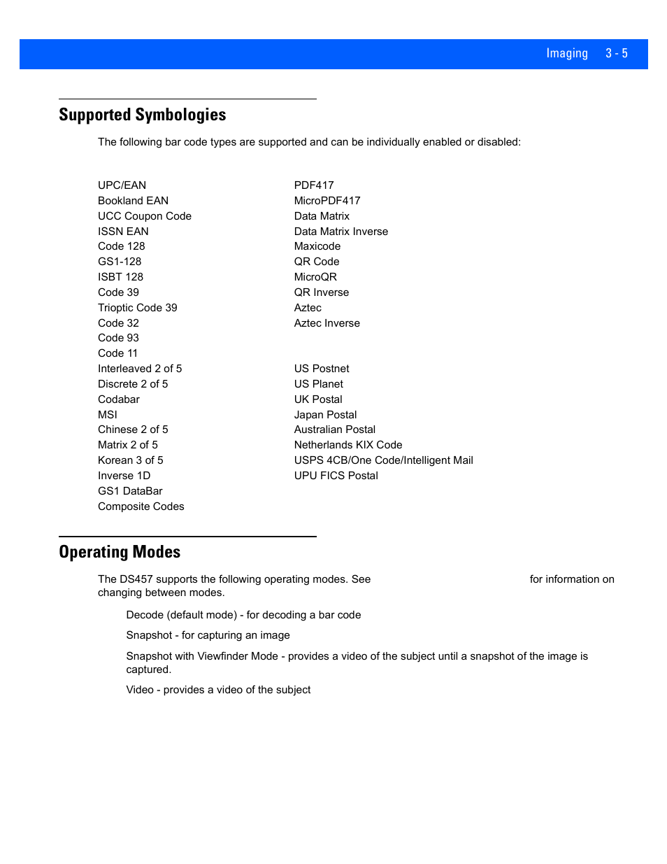 Supported symbologies, Operating modes, Supported symbologies -5 | Operating modes -5 | Rice Lake Motorola DS457 Laser Scanner User Manual | Page 47 / 428