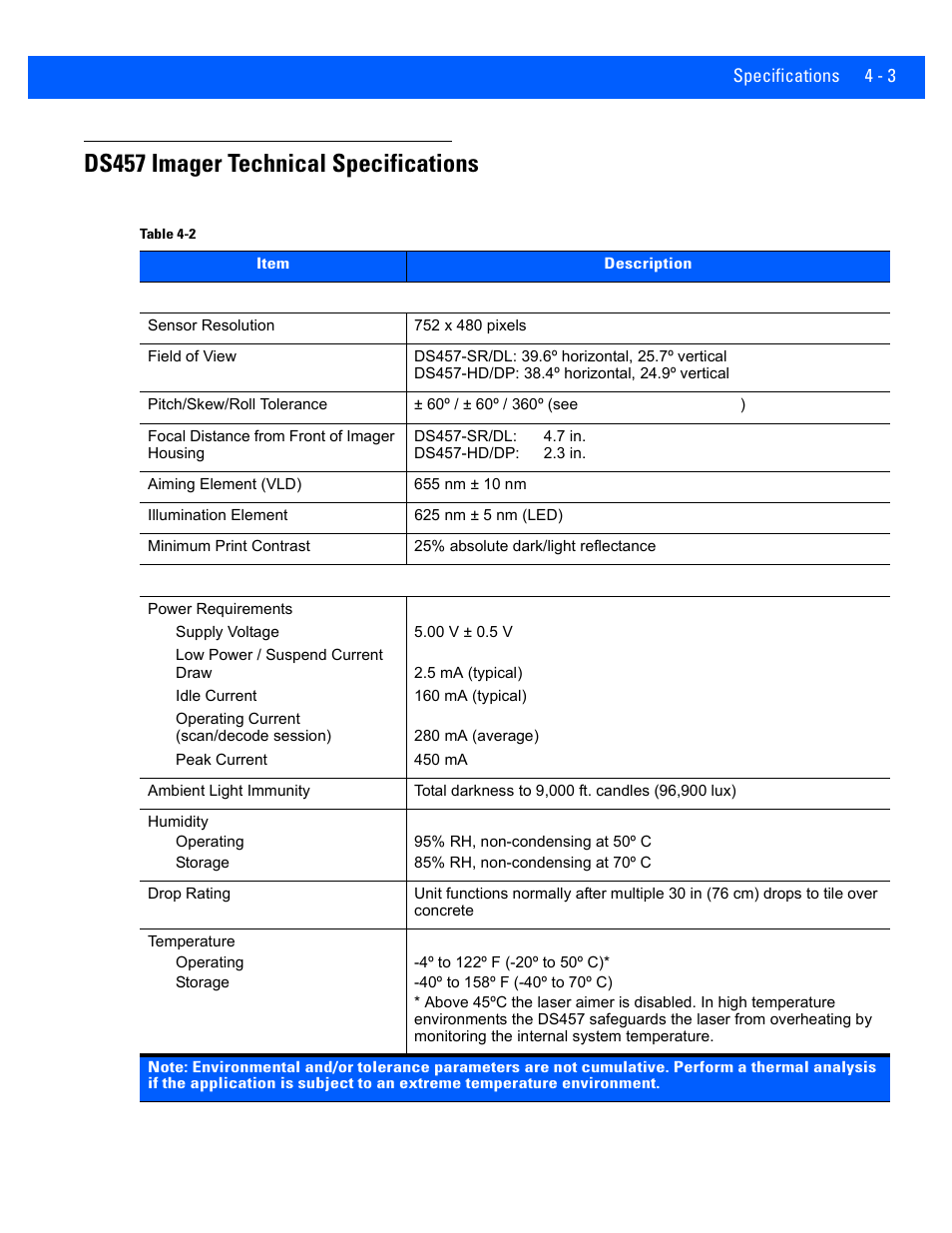 Ds457 imager technical specifications, Ds457 imager technical specifications -3 | Rice Lake Motorola DS457 Laser Scanner User Manual | Page 51 / 428