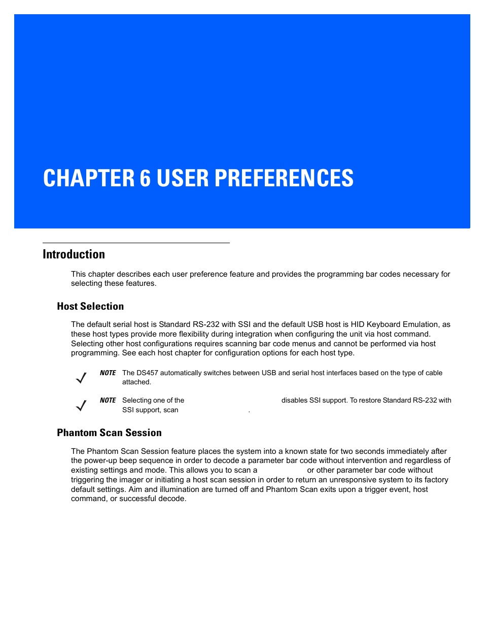 User preferences, Introduction, Host selection | Phantom scan session, Chapter 6: user preferences, Introduction -1, Host selection -1, Phantom scan session -1, Chapter 6, user preferences, Chapter 6 user preferences | Rice Lake Motorola DS457 Laser Scanner User Manual | Page 63 / 428