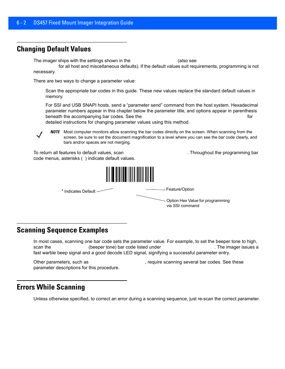 Changing default values, Scanning sequence examples, Errors while scanning | Changing default values -2, Scanning sequence examples -2, Errors while scanning -2 | Rice Lake Motorola DS457 Laser Scanner User Manual | Page 64 / 428