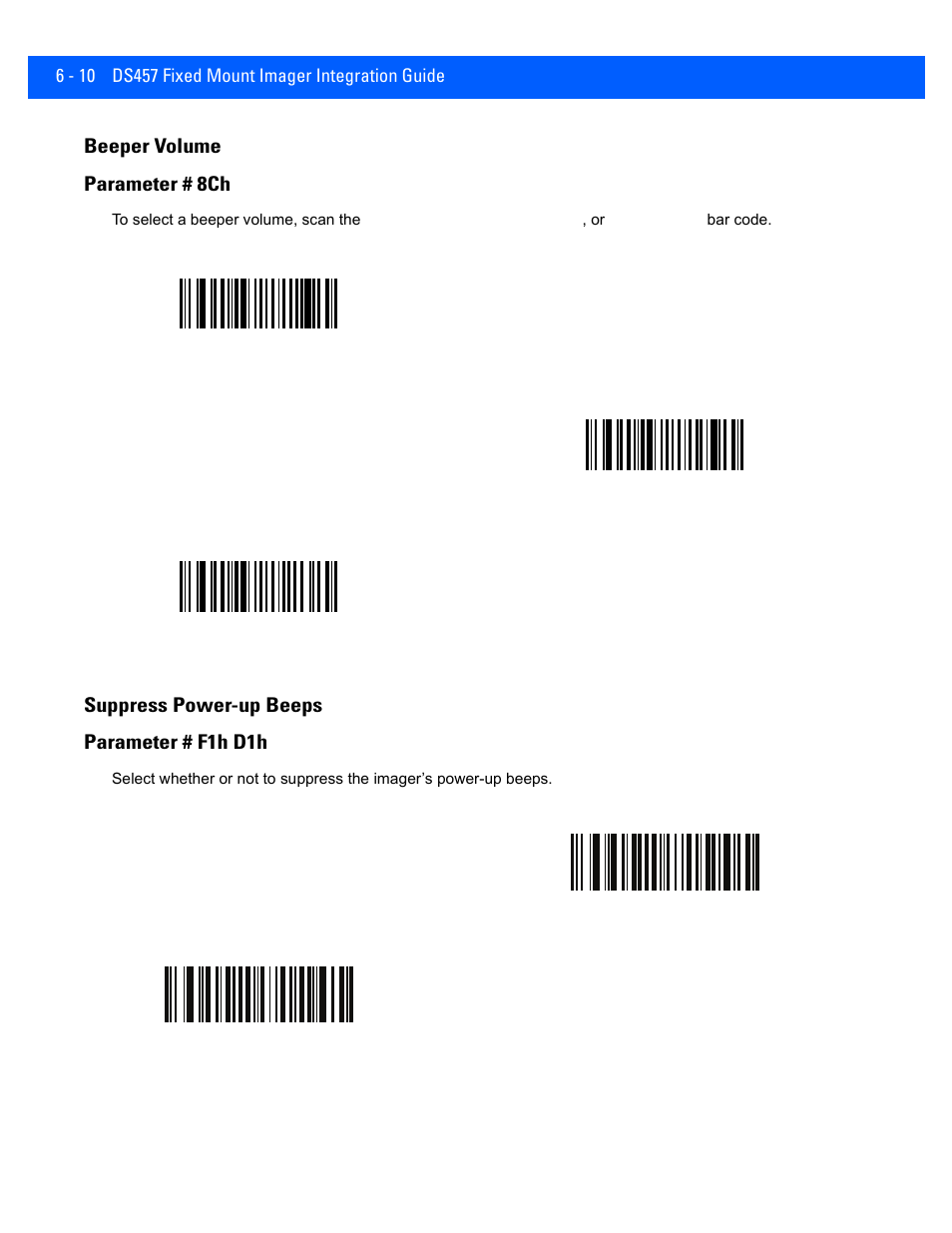 Beeper volume, Suppress power-up beeps, Beeper volume -10 | Suppress power-up beeps -10, Beeper volume parameter # 8ch, Suppress power-up beeps parameter # f1h d1h | Rice Lake Motorola DS457 Laser Scanner User Manual | Page 72 / 428