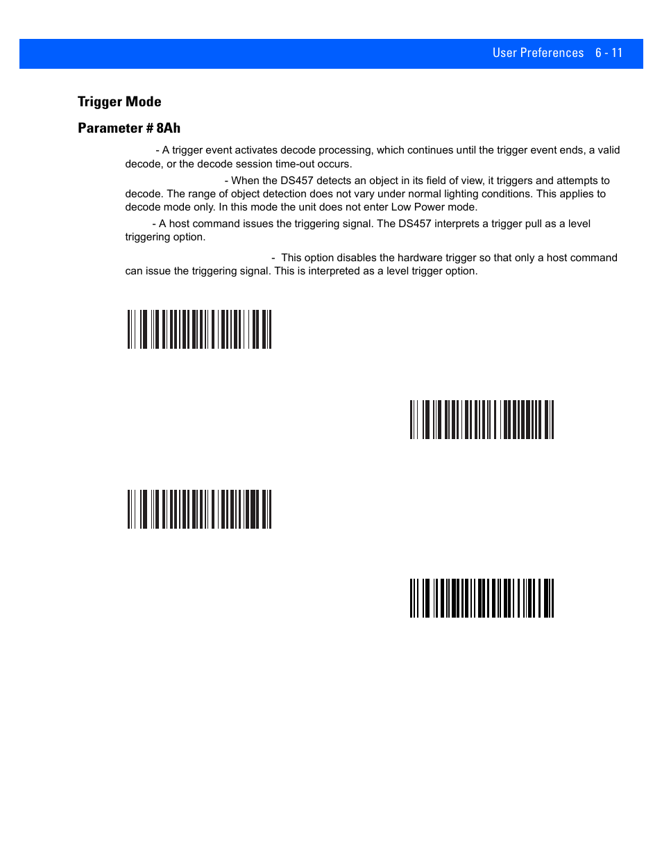 Trigger mode, Trigger mode -11, Trigger mode parameter # 8ah | Rice Lake Motorola DS457 Laser Scanner User Manual | Page 73 / 428