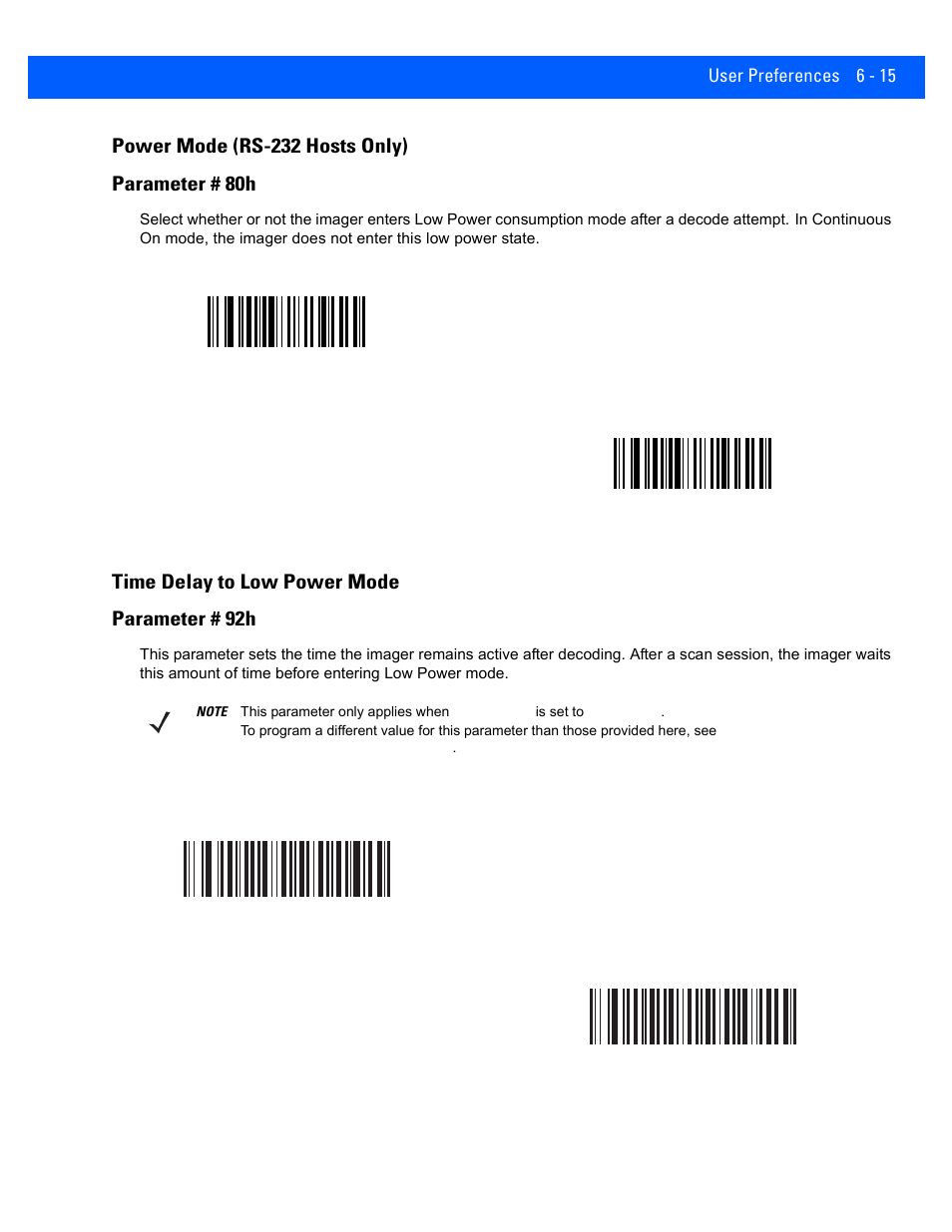 Power mode (rs-232 hosts only), Time delay to low power mode, Power mode (rs-232 hosts only) -15 | Time delay to low power mode -15, Time delay to low power mode parameter # 92h | Rice Lake Motorola DS457 Laser Scanner User Manual | Page 77 / 428