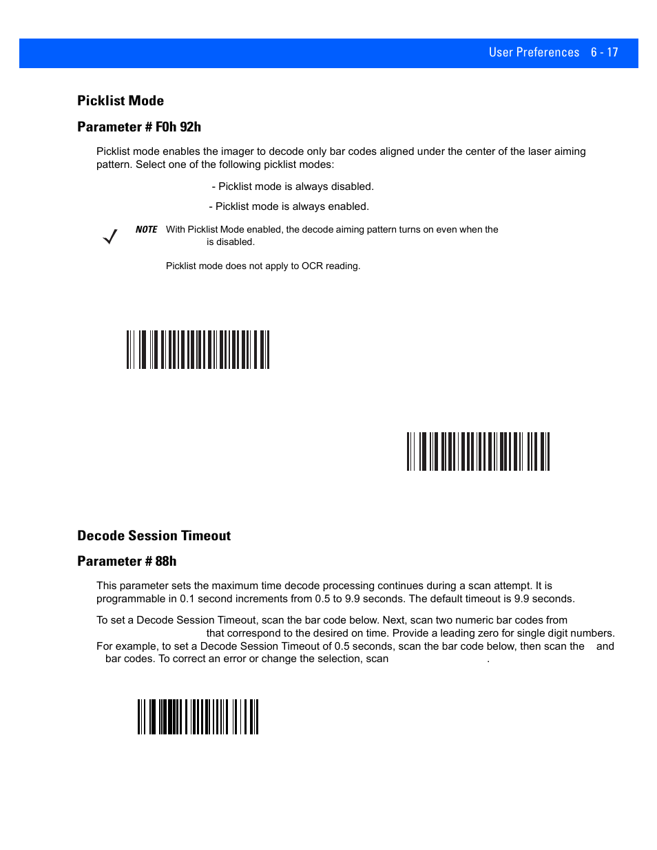 Picklist mode, Decode session timeout, Picklist mode -17 | Decode session timeout -17, Picklist mode parameter # f0h 92h, Decode session timeout parameter # 88h | Rice Lake Motorola DS457 Laser Scanner User Manual | Page 79 / 428