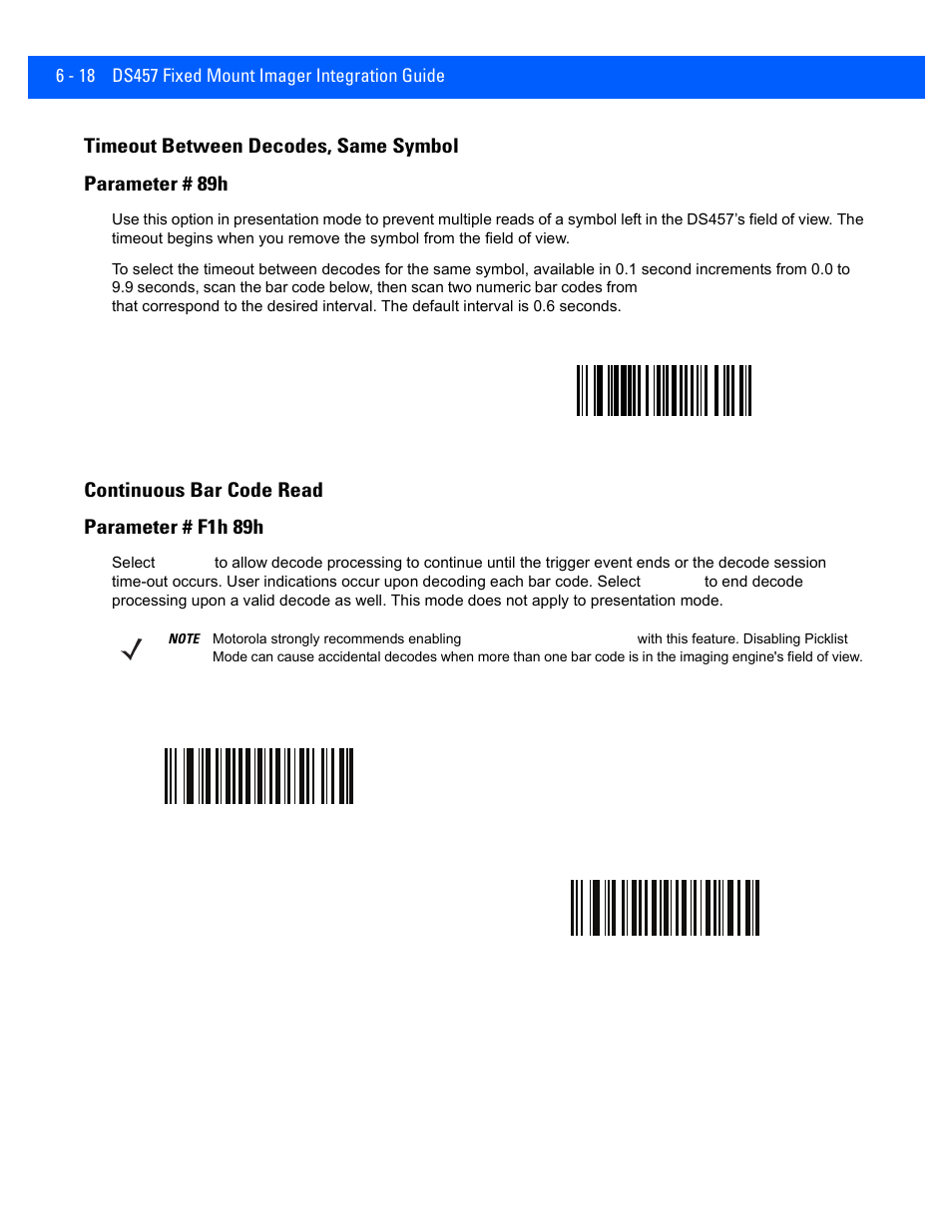 Timeout between decodes, same symbol, Continuous bar code read, Timeout between decodes, same symbol -18 | Continuous bar code read -18, Continuous bar code read parameter # f1h 89h | Rice Lake Motorola DS457 Laser Scanner User Manual | Page 80 / 428