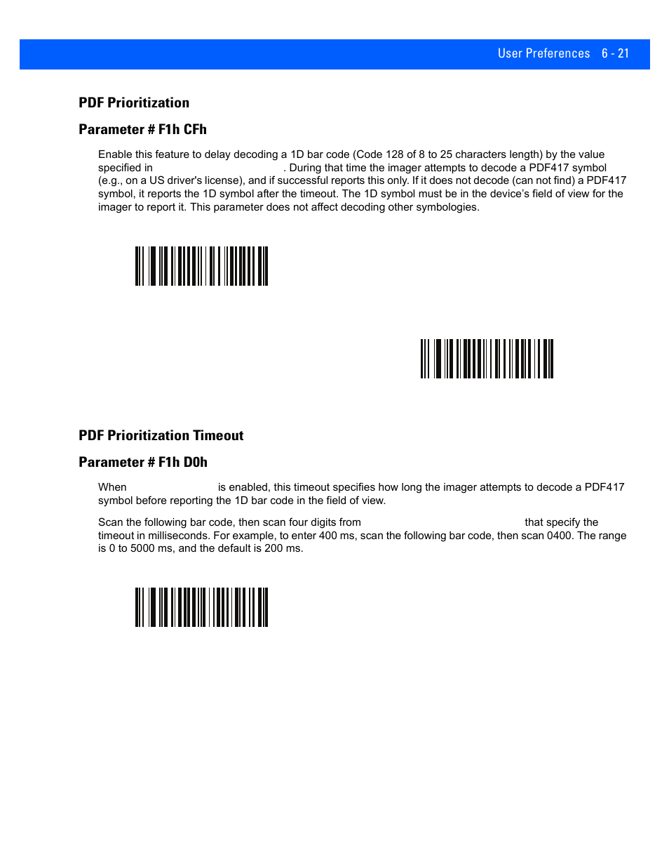 Pdf prioritization, Pdf prioritization timeout, Pdf prioritization -21 | Pdf prioritization timeout -21, Pdf prioritization parameter # f1h cfh, Pdf prioritization timeout parameter # f1h d0h | Rice Lake Motorola DS457 Laser Scanner User Manual | Page 83 / 428