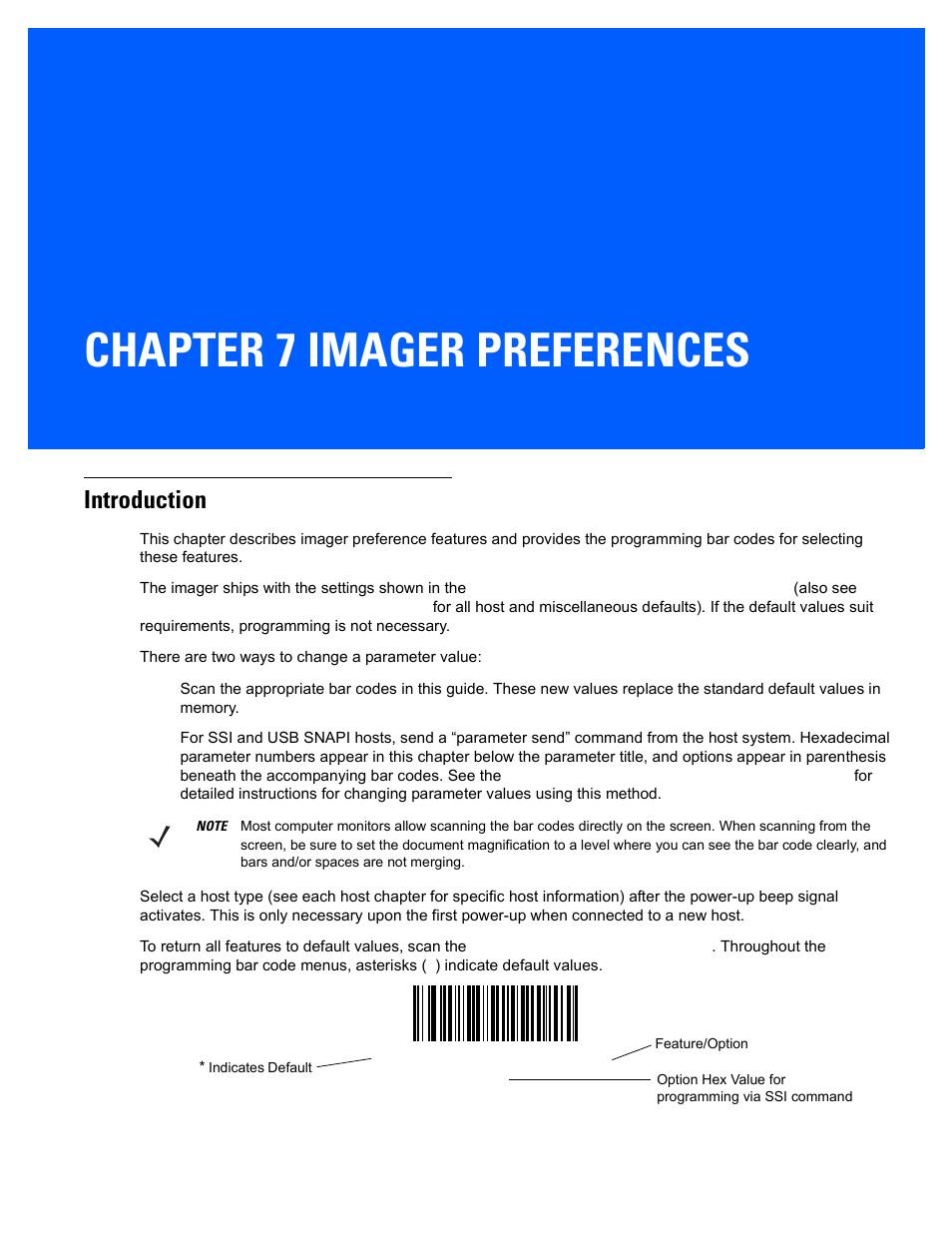 Imager preferences, Introduction, Chapter 7: imager preferences | Introduction -1, Chapter 7, imager preferences, Chapter 7 imager preferences | Rice Lake Motorola DS457 Laser Scanner User Manual | Page 95 / 428