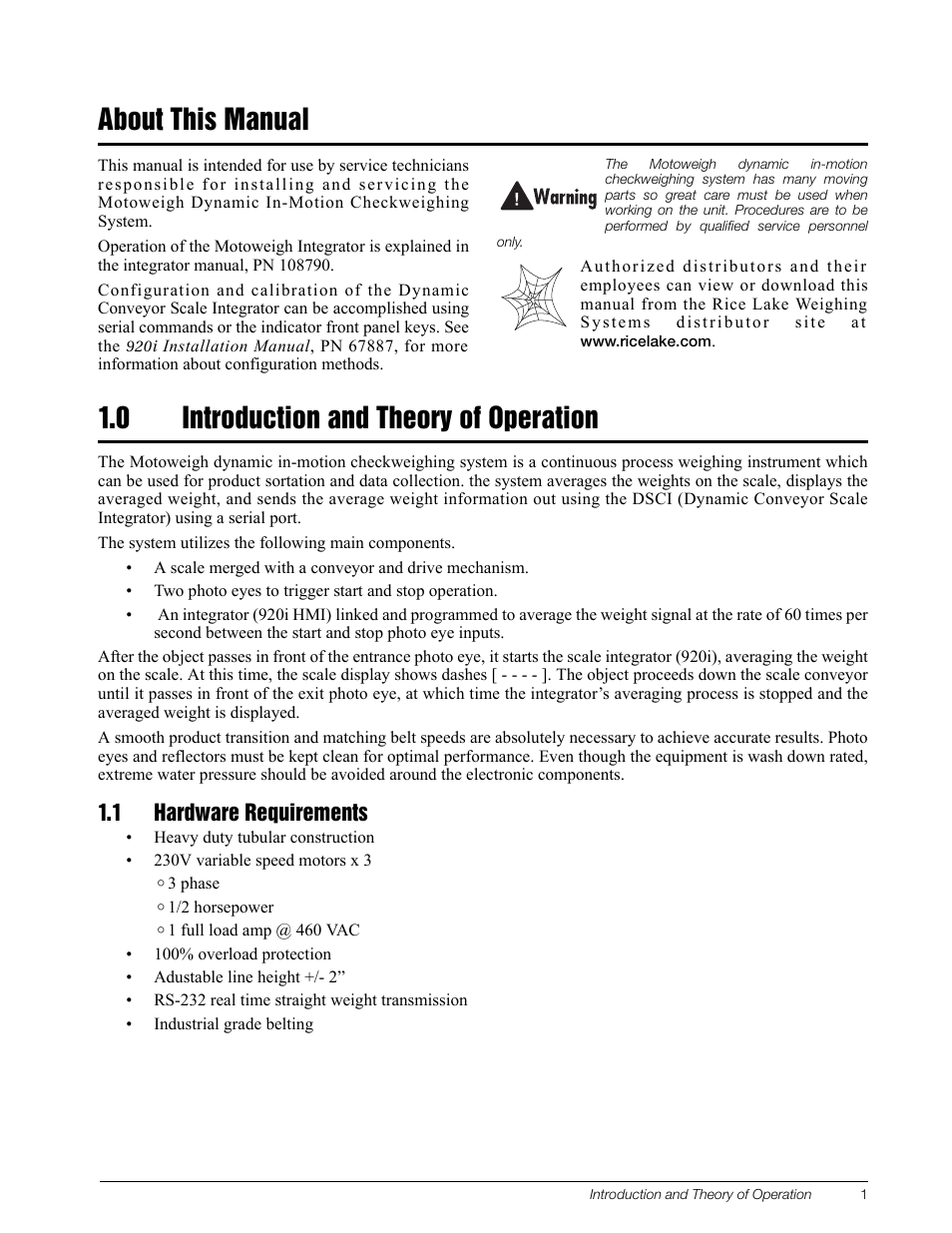 About this manual, 0 introduction and theory of operation, 1 hardware requirements | Rice Lake MotoWeigh In-Motion Checkweighers and Conveyor Scales User Manual | Page 4 / 18