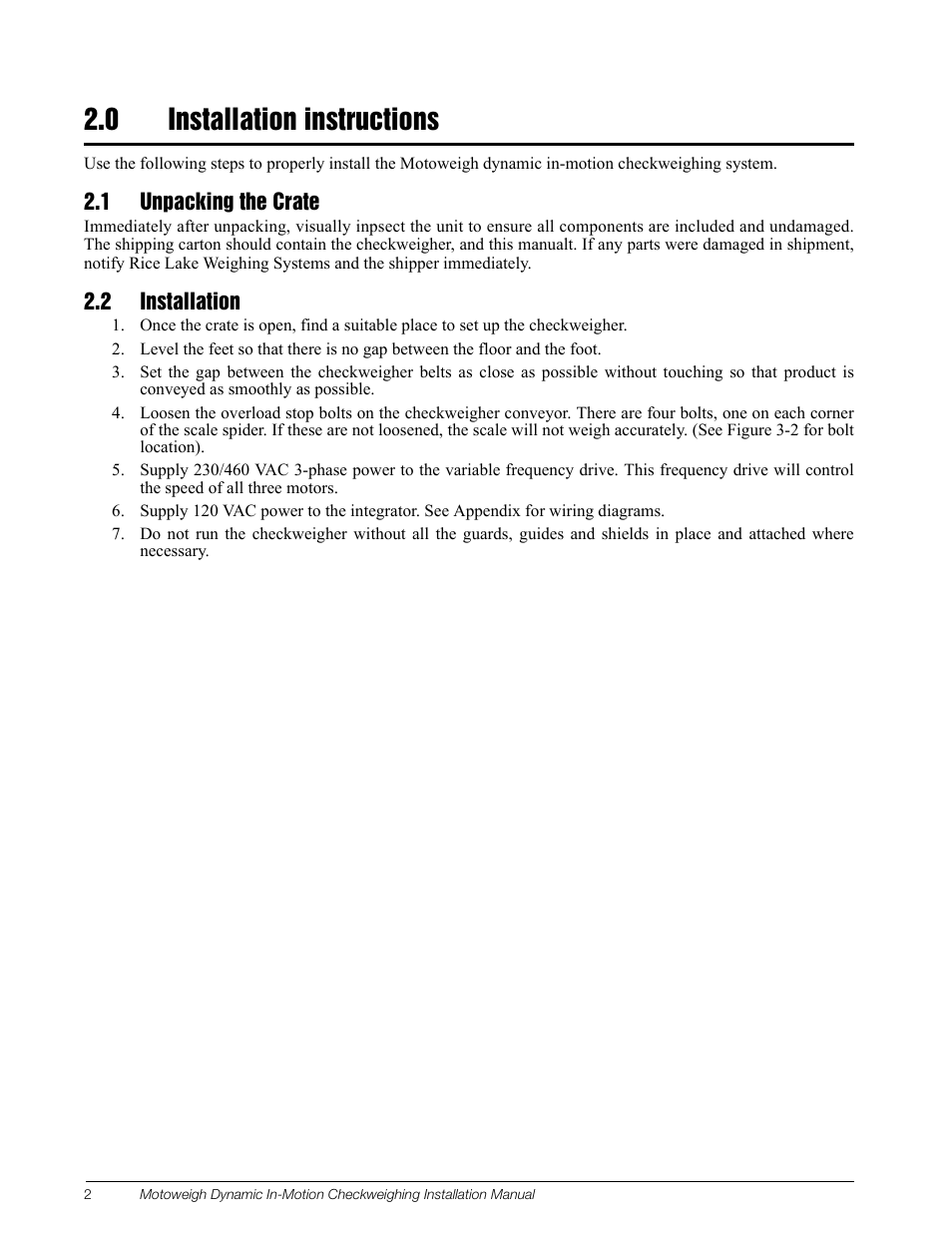 0 installation instructions, 1 unpacking the crate, 2 installation | Rice Lake MotoWeigh In-Motion Checkweighers and Conveyor Scales User Manual | Page 5 / 18