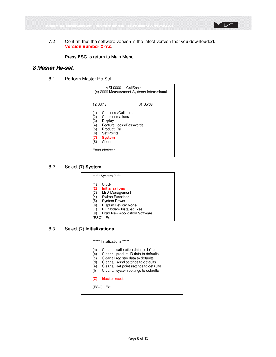 8 master re-set | Rice Lake MSI6260cs Digital Crane Scale Software Upgrade User Manual | Page 9 / 16