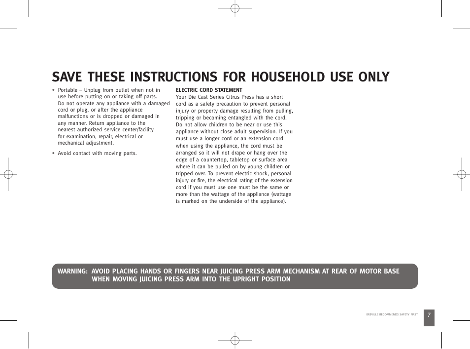 Save these instructions for household use only | Breville 800CPXL User Manual | Page 8 / 68