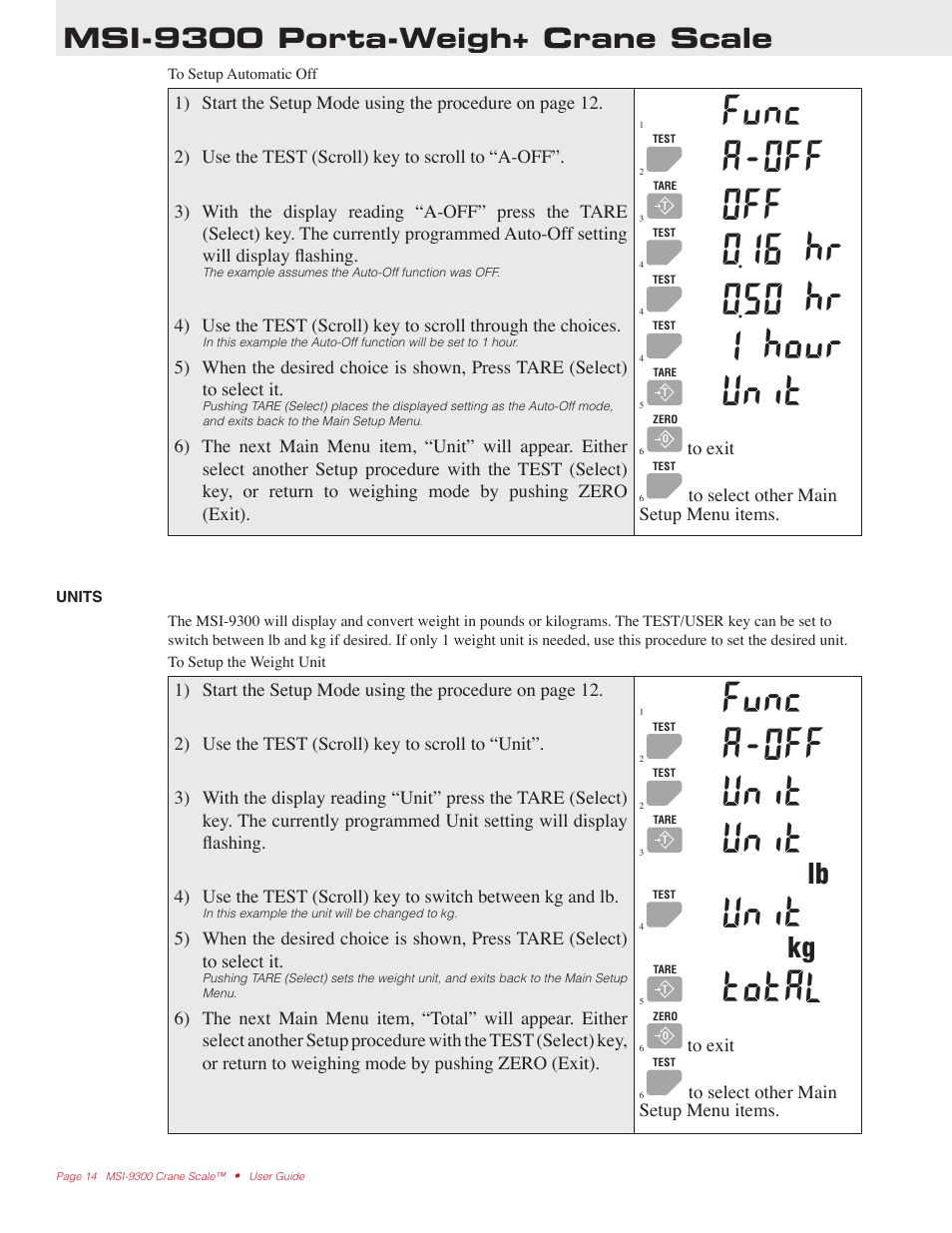 Func, A-off, 16 hr | 50 hr, 1 hour, Unit, Total, Msi-9300 porta-weigh+ crane scale | Rice Lake MSI9300 PortaWeigh Crane Scale Operator Manual User Manual | Page 14 / 35