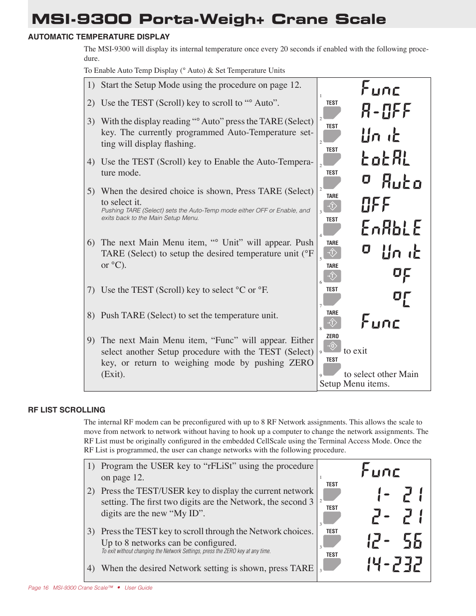 Func, A-off, Unit | Total, Auto, Enable, Msi-9300 porta-weigh+ crane scale | Rice Lake MSI9300 PortaWeigh Crane Scale Operator Manual User Manual | Page 16 / 35