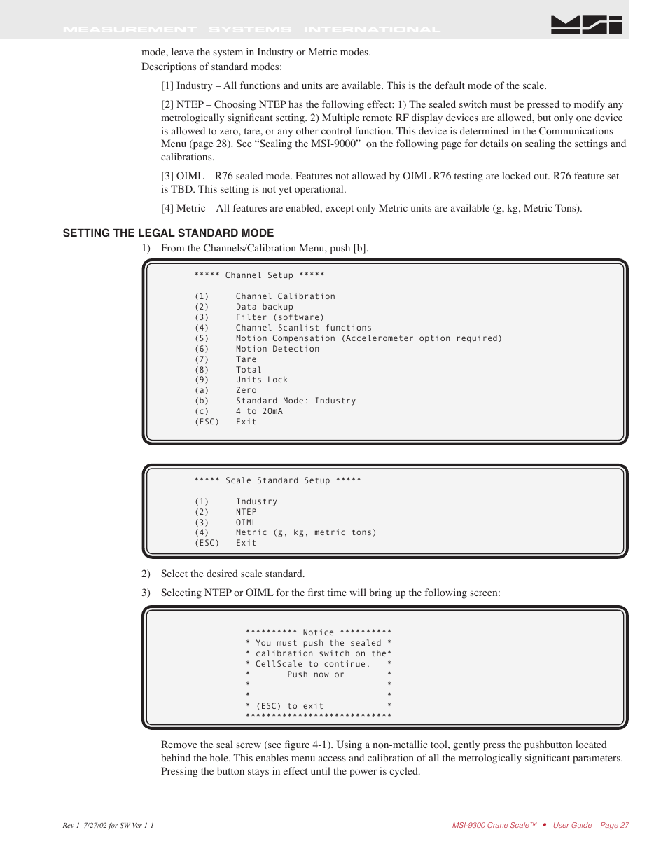 Rice Lake MSI9300 PortaWeigh Crane Scale Operator Manual User Manual | Page 27 / 35