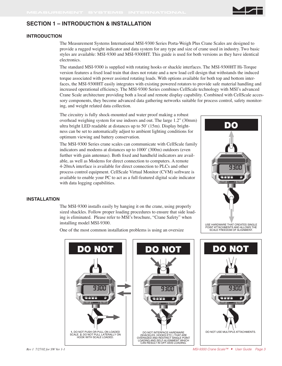 Do not | Rice Lake MSI9300 PortaWeigh Crane Scale Operator Manual User Manual | Page 3 / 35