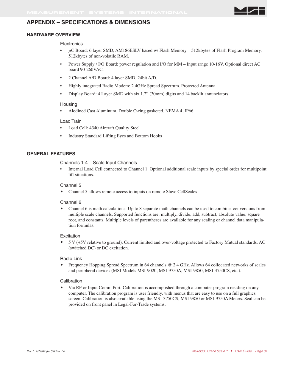 Appendix – specifications & dimensions | Rice Lake MSI9300 PortaWeigh Crane Scale Operator Manual User Manual | Page 31 / 35