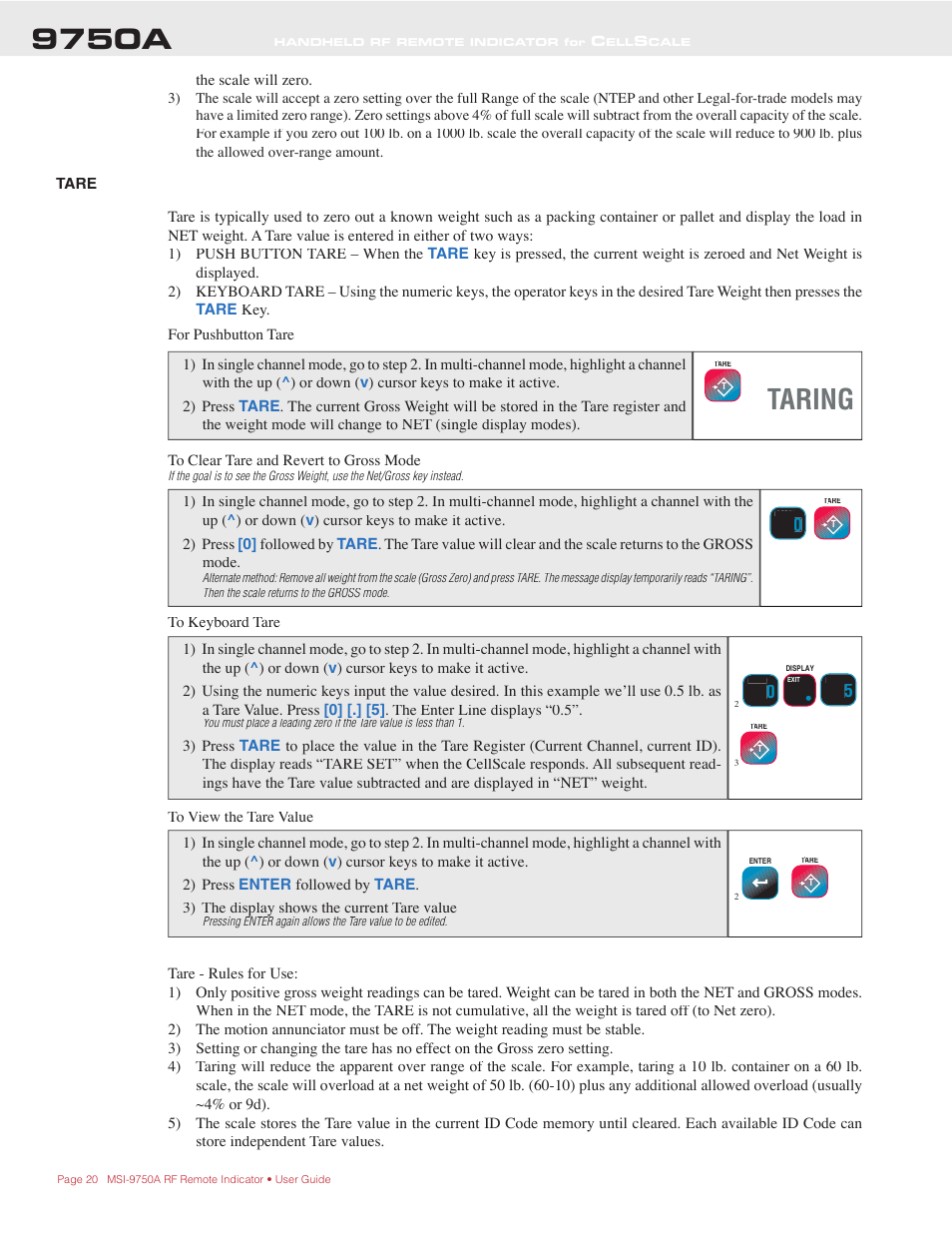 9750a, Taring | Rice Lake MSI-9750A CellScale RF Portable Indicator User Manual | Page 20 / 95